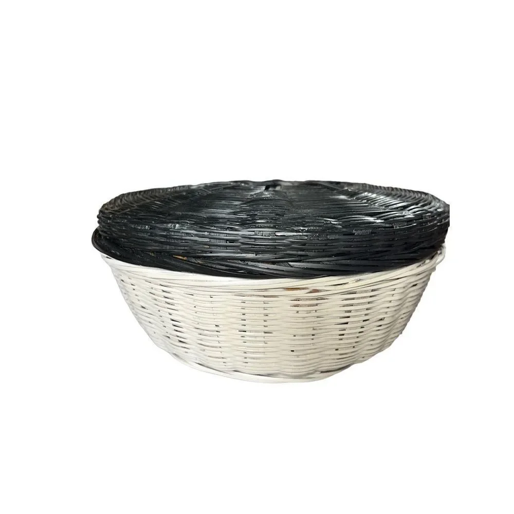Vintage Black & White Wicker Basket with Lid Round Storage Sewing Box